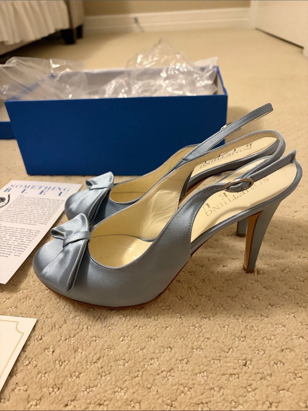 Something Bleu Bridal Light Blue Satin Peep Toe Slingback Heels - Picture 8 of 8